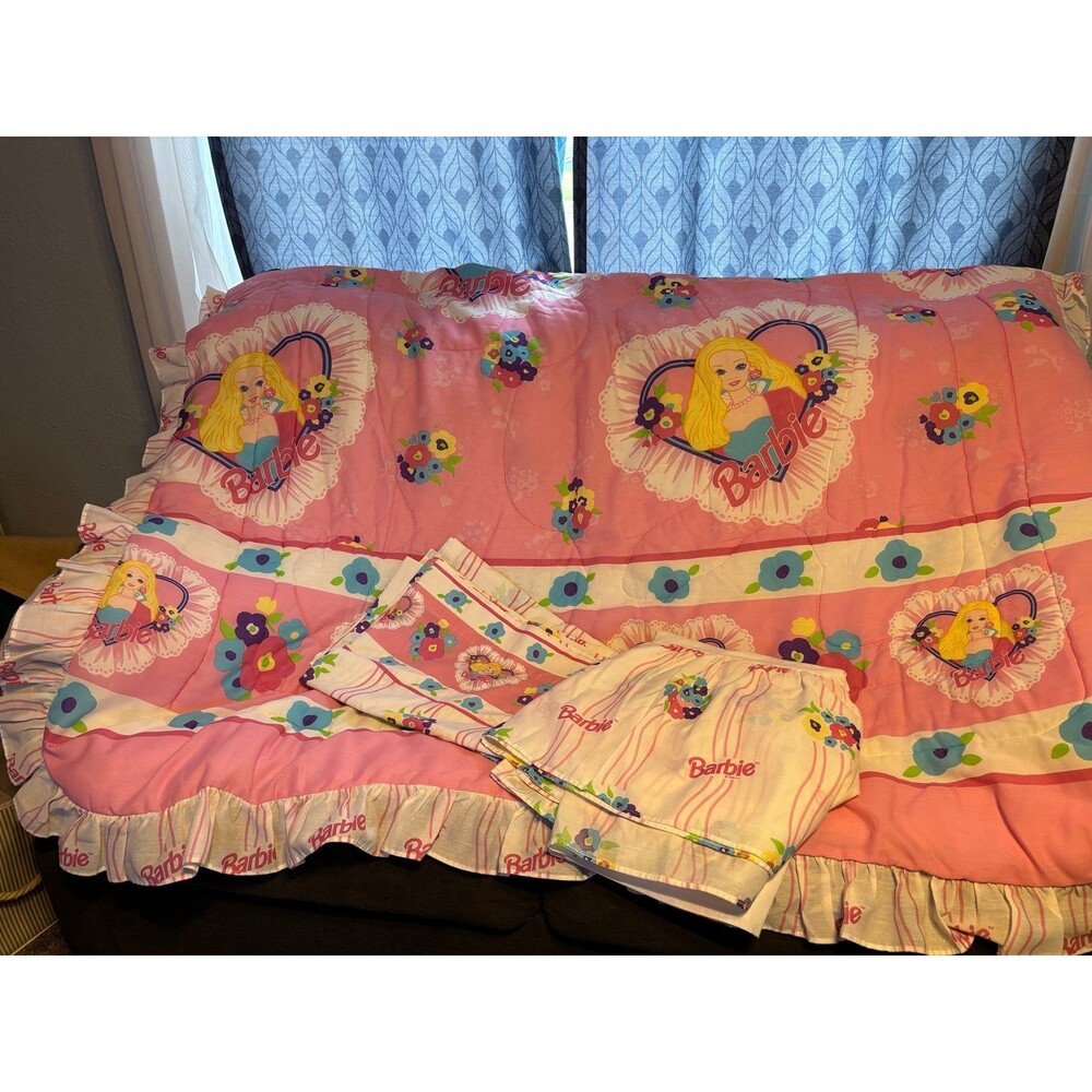 1996 Vtg Barbie Twin Comforter dust Ruffle Trim Pink Dreamhouse set bundle sheet